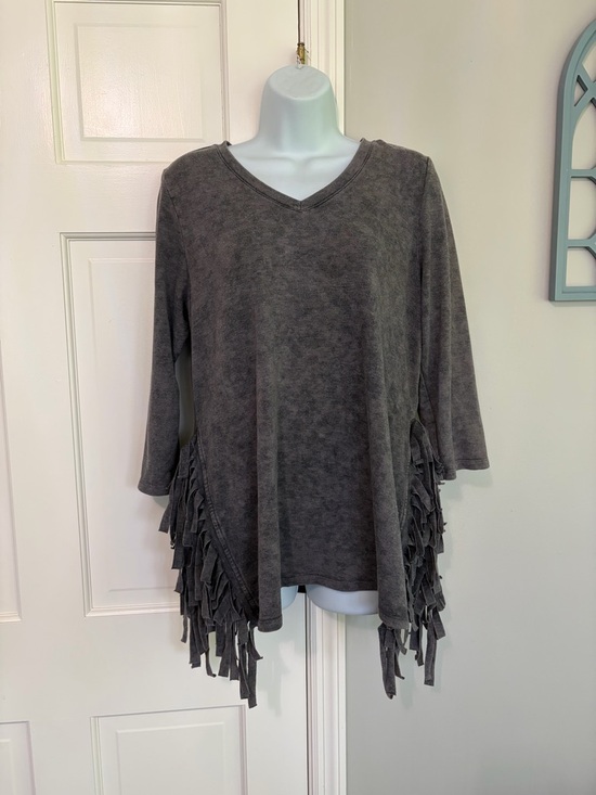 Cato Tops - Cato Charcoal Fringe V‑Neck top